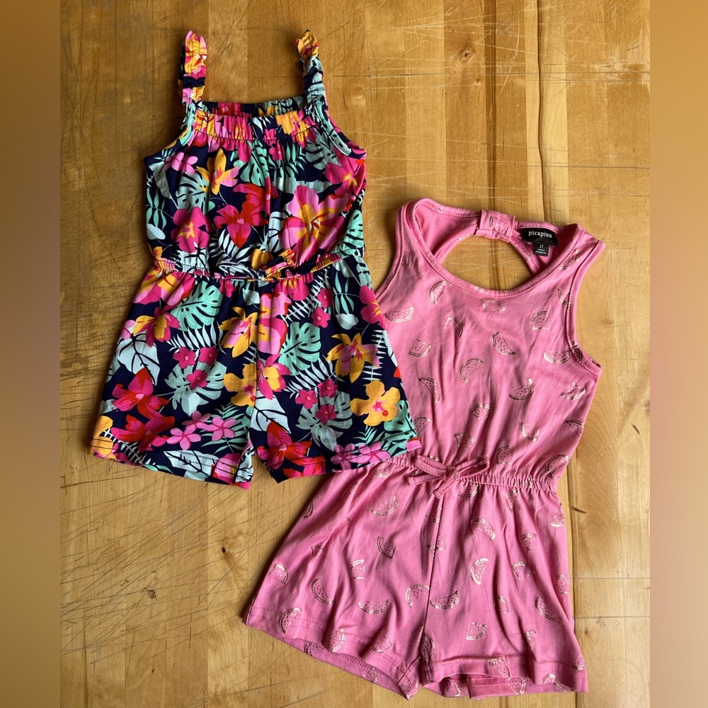 Toddler Rompers 2 pack - Watermelon and Flowers - 2T